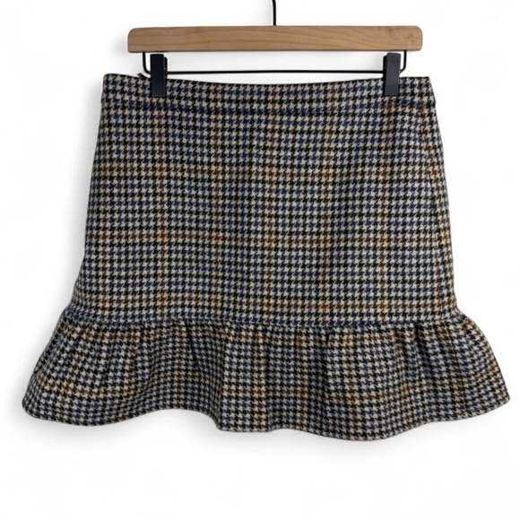 J. Crew Dresses & Skirts - NWT J Crew 100% Wool Plaid Ruffle Hem Mini Skirt Blue Brown Size 12 Houndstooth